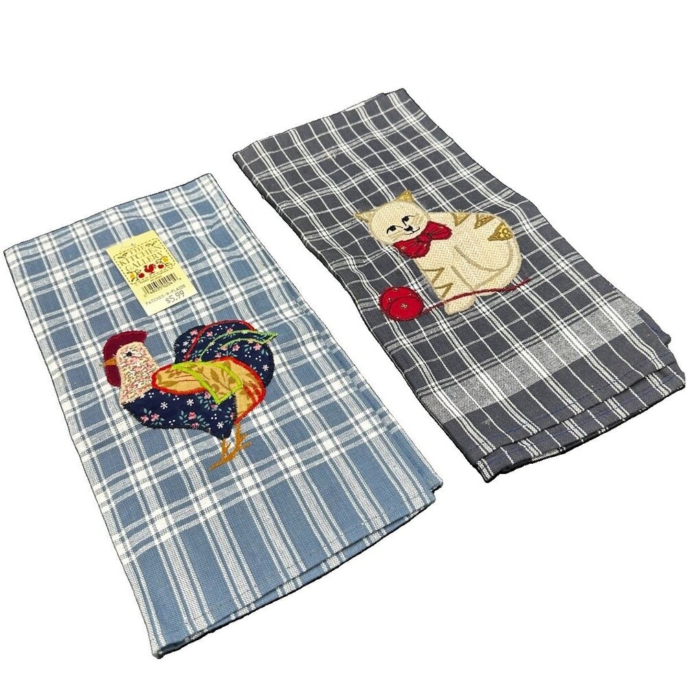 NEW Vintage MCM Cotton Dish Tea Towels Rooster And Cat (NWT)